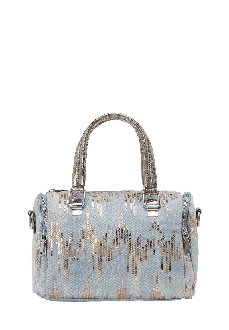 Jeanshandbag met metalen pailletten in een golvenpatroon, uitgerust met zilveren hardware en dubbele handvaten. Ritsluiting aan de bovenkant.