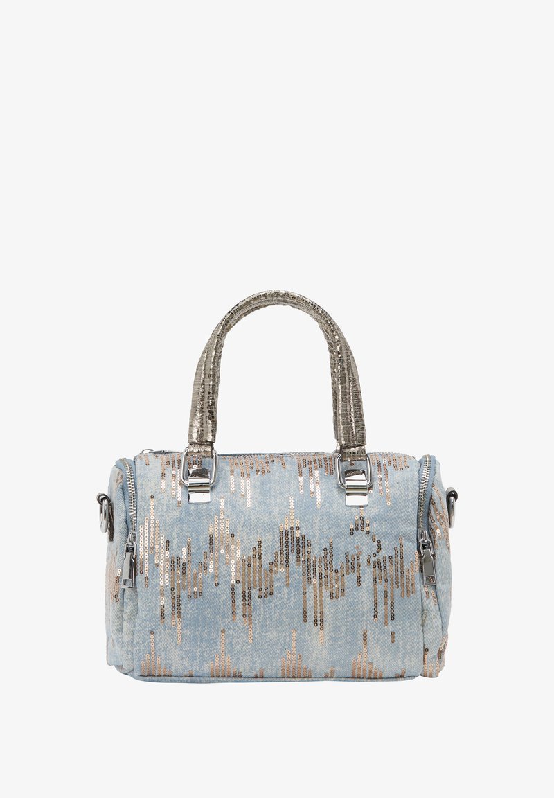 Jeanshandbag met metalen pailletten in een golvenpatroon, uitgerust met zilveren hardware en dubbele handvaten. Ritsluiting aan de bovenkant.