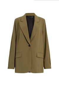 Blazer verde oliva con un design strutturato, rever a taglio, maniche lunghe e due tasche frontali. Chiusura frontale a bottoni e texture solida.