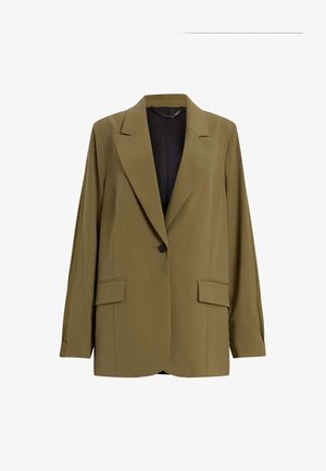 Olivengrüner Blazer mit strukturiertem Design, Reverskragen, langen Ärmeln und zwei vorderen Taschen. Vorderer Knopfverschluss und einfarbige Textur.