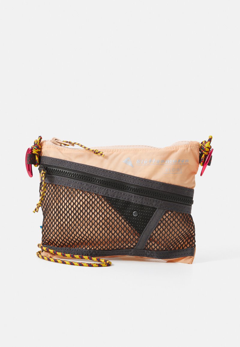 Orange nylon pouch with a black mesh panel, featuring a zip closure, colorful drawstrings, and a patterned strap. Size is compact and rectangular.