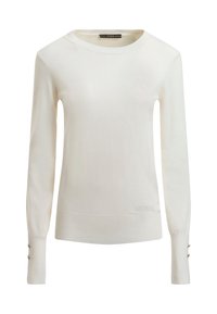 Maglione a maniche lunghe color crema realizzato in un tessuto morbido con taglio dritto, dotato di polsini a coste e un logo discreto vicino all'orlo.