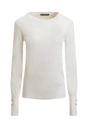 Maglione a maniche lunghe color crema realizzato in un tessuto morbido con taglio dritto, dotato di polsini a coste e un logo discreto vicino all'orlo.