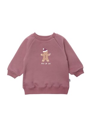 Rosa Sweatshirt mit langen Ärmeln, gerippten Bündchen und Saum. Mit einem Lebkuchenmännchen-Motiv und dem weißen Schriftzug "FA LA LA" darunter. Weiche Textur.