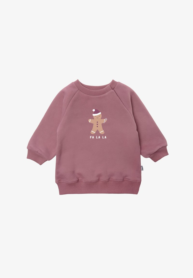 Pink sweatshirt with long sleeves, ribbed cuffs, and hem. Features a gingerbread figure graphic with "FA LA LA" text in white below. Soft texture.