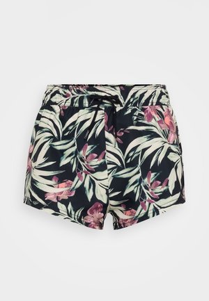 Floral swim shorts with a black background, featuring green leaves and pink flowers. Elastic waistband with drawstring detail. Lightweight material.