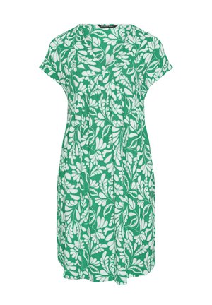Groen kortjurk met witte bladerenbotanische print, V-hals en losse pasvorm.