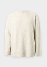 Pulover tricotat cu mâneci lungi de culoare crem, cu manșete și tiv cu nervuri, având două butoane decorative pe partea stângă, aproape de talie.