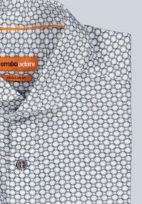 Folded white and gray patterned button-up shirt with orange labels inside the collar reading "emilio adani" and "REGULAR FIT."