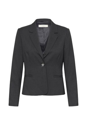 Sivý prispôsobený blejzer so štruktúrovaným dizajnom, s jedným gombíkom, s výrezovými klopami a dvoma prednými vreckami, vyrobený z textúrovanej tkaniny.