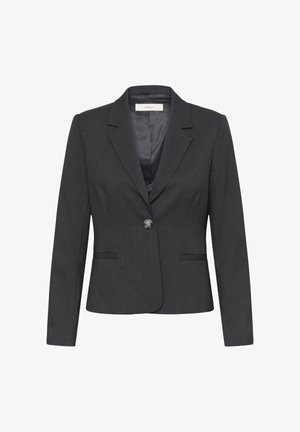 Szürke, szabott blézer, strukturált kialakítással, egysoros gombolással, bemetszett hajtókával és két elülső zsebbel, texturált anyagból készült.