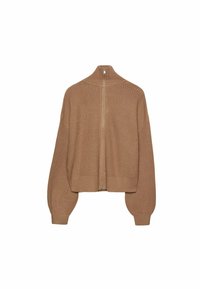 Bruine gebreide vest met rits, featuring een hoge kraag, volumineuze mouwen, ribbelstructuur en een cropped ontwerp met een centrale ritssluiting.