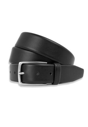 Cintura in pelle nera con una superficie liscia, dotata di una fibbia in metallo argentato e numerosi fori per la regolazione della taglia. Design rettangolare classico.