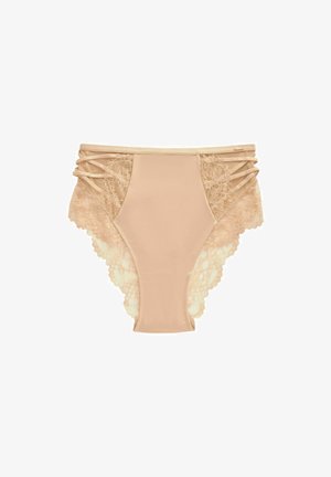 Culotte haute beige avec dentelle, offrant un devant en tissu lisse et de la dentelle florale sur les côtés, accentuée par des fines lanières.