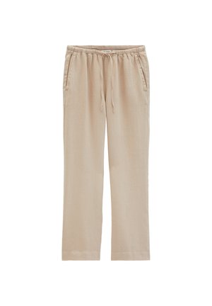Beige linnen broek met rechte pijpen, elastische tailleband, trekkoord en zijzakken, weergegeven op een witte achtergrond.