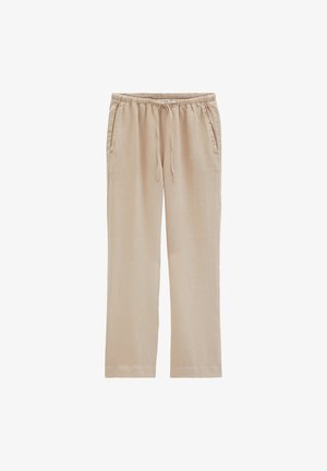 Beżowe lniane spodnie o prostych nogawkach z elastycznym pasem, sznurkiem i bocznymi kieszeniami, prezentowane na białym tle.