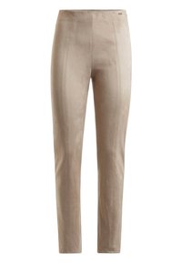 Pantaloni beige elasticizzati realizzati in materiale morbido. Design aderente con texture liscia e cuciture verticali. Nessun hardware o motivo visibile.