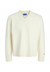 Off-white V-neck knit sweater with ribbed cuffs and hem, featuring a small embroidered logo on the left sleeve cuff.