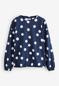 Sweatshirt bleu marin cu buline albe, guler rotund, mâneci lungi și tiv plisat. Fabricat dintr-un material moale și texturat.