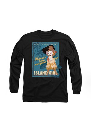 Black long-sleeve T-shirt featuring a vibrant graphic design of a girl, a fox, and tropical elements with text: "Island Girl" and "True to Your Heart."