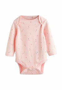 Roosa pika varrukaga beebikombekas, valmistatud pehmest puuvillast. Kaunistatud lillemustriga, mis sisaldab väikeseid kujutisi, ning alumises osas on kerge riietumise jaoks snap-suured sulgurid.