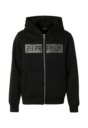 Sweat à capuche noir zippé avec poches avant et logo "2Y PREMIUM" recouvert de strass sur la poitrine.