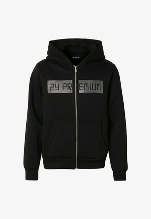 Sweat à capuche noir zippé avec poches avant et logo "2Y PREMIUM" recouvert de strass sur la poitrine.