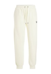 Helle gelbe Sweatpants aus weichem Stoff, mit einem elastischen Bund und einer Kordel, mit gemufften Säumen und einem kleinen dunklen Logodetail.