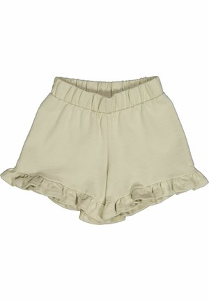 Lys beige shorts lavet af blødt stof med elastisk talje og flæser i kanten, der har et simpelt design og en afslappet pasform.