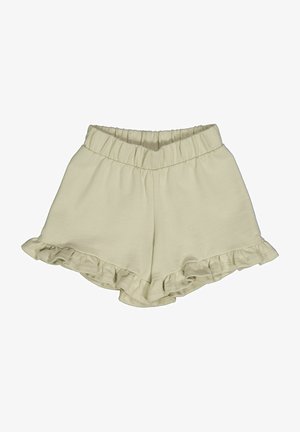 Lys beige shorts lavet af blødt stof med elastisk talje og flæser i kanten, der har et simpelt design og en afslappet pasform.