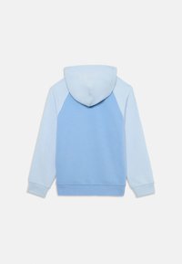 Hoodie azul claro com um design bicolor e uma textura suave. Possui um capucho e punhos canelados, apresentando um ajuste descontraído.