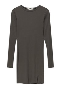 Robe à manches longues en tissu côtelé gris foncé. Encolure ronde, forme ajustée, détails sur les coutures latérales et une petite fente à l'ourlet.