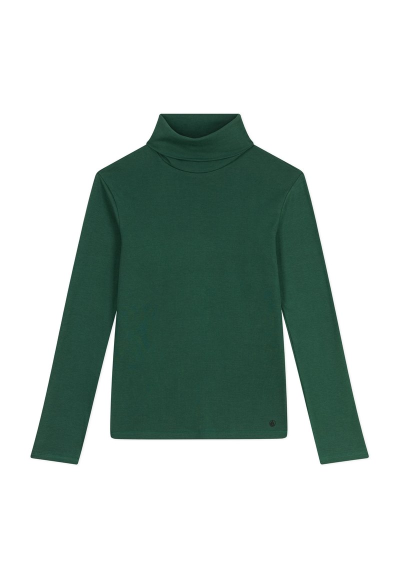 Grünes langärmliges Rollkragenoberteil aus einem weichen, dehnbaren Stoff. Verfügt über einen hohen Kragen und eine taillierte Silhouette ohne Muster oder Verzierungen.