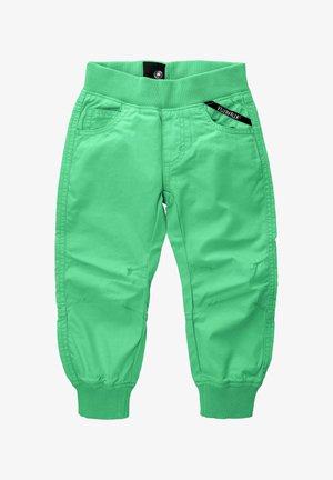 Grüne Baumwoll-Cargo-Hosen mit elastischem Bund, seitlichen Taschen und gerippten Bündchen. Mit Nähten und einem Markenetikett am Bund.