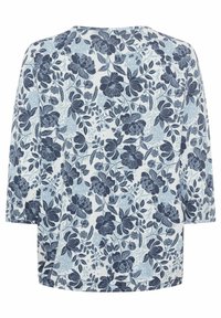 Bluse mit Blumenmuster und 3/4-Ärmeln, mit marineblauen und hellblauen Blumen auf weißem Hintergrund, aus weichem, leichtem Stoff.