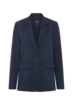 Marineblauer Ein-Knopf-Blazer mit Reverskragen, zwei vorderen Pattentaschen und langen Ärmeln, dargestellt vor weißem Hintergrund.