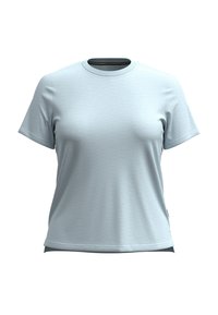 T-shirt bleu clair à manches courtes en tissu lisse. Il présente un col rond et des manches ourlées. Design simple et sans couture sans motifs.
