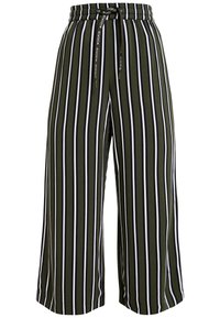Gröna randiga vida byxor med elastisk midja, med vertikala ränder i vitt och marinblått. Tyget är lätt och mjukt.