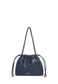 Granatowa torebka skórzana z zaciąganym zamknięciem, z�łotą łańcuszkową rączką i złotymi akcentami, charakteryzująca się miękką, teksturowaną powierzchnią.