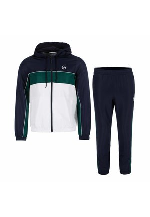 Navy, white, and green hooded zip-up jacket with matching navy jogger pants, both featuring a small round logo on the chest and thigh.