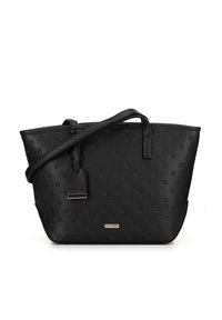 Sac cabas en cuir noir avec motif floral embossé, forme conique, double poignées, bandoulière réglable et étiquette suspendue avec logo.