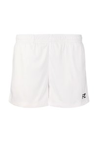 Hvide athletic shorts med elastisk talje, der har et simpelt design og et lille sort "FZ" logo på den nederste venstre side.