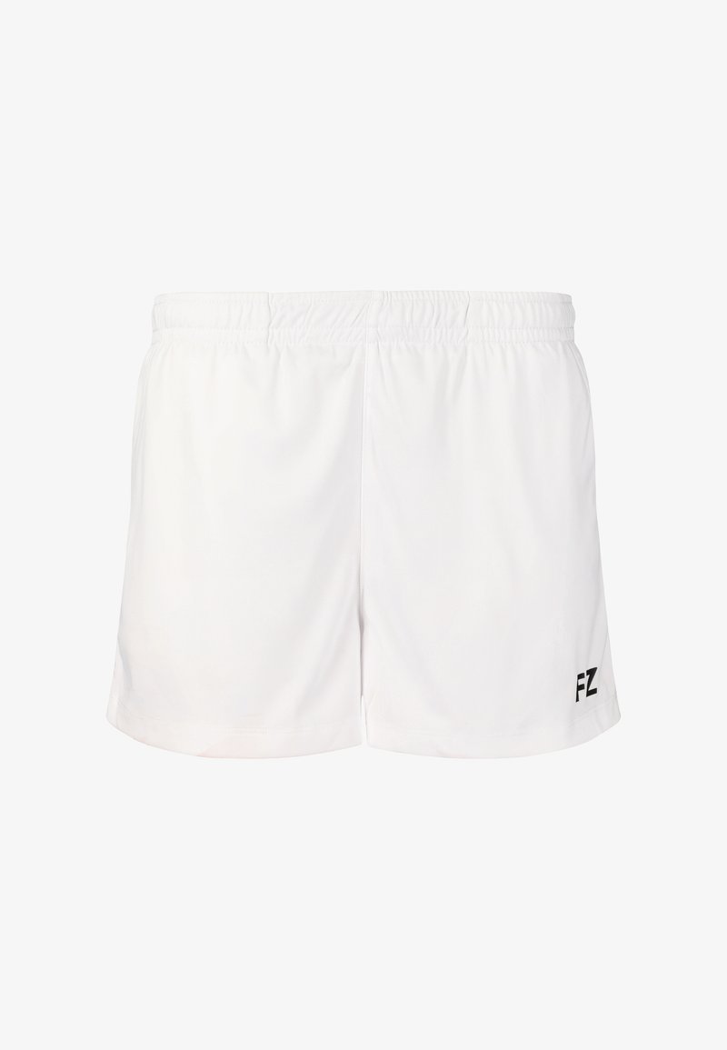 Hvide athletic shorts med elastisk talje, der har et simpelt design og et lille sort "FZ" logo på den nederste venstre side.