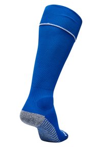 Niebieska skarpetka do kolan z prążkowanym brzegiem, szarym piętą i wzorzystą podeszwą. Wykonana z teksturowanego, elastycznego materiału dla komfortu i dopasowania.
