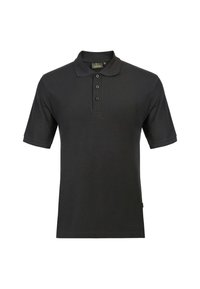 Polo shirt nera in cotone, con colletto, patta con tre bottoni e maniche corte con una texture liscia.