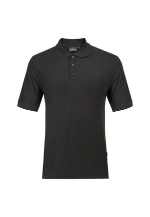 Schwarzes Polohemd aus Baumwolle mit Kragen, Knopfleiste mit drei Knöpfen und kurzen Ärmeln, die eine glatte Textur aufweisen.