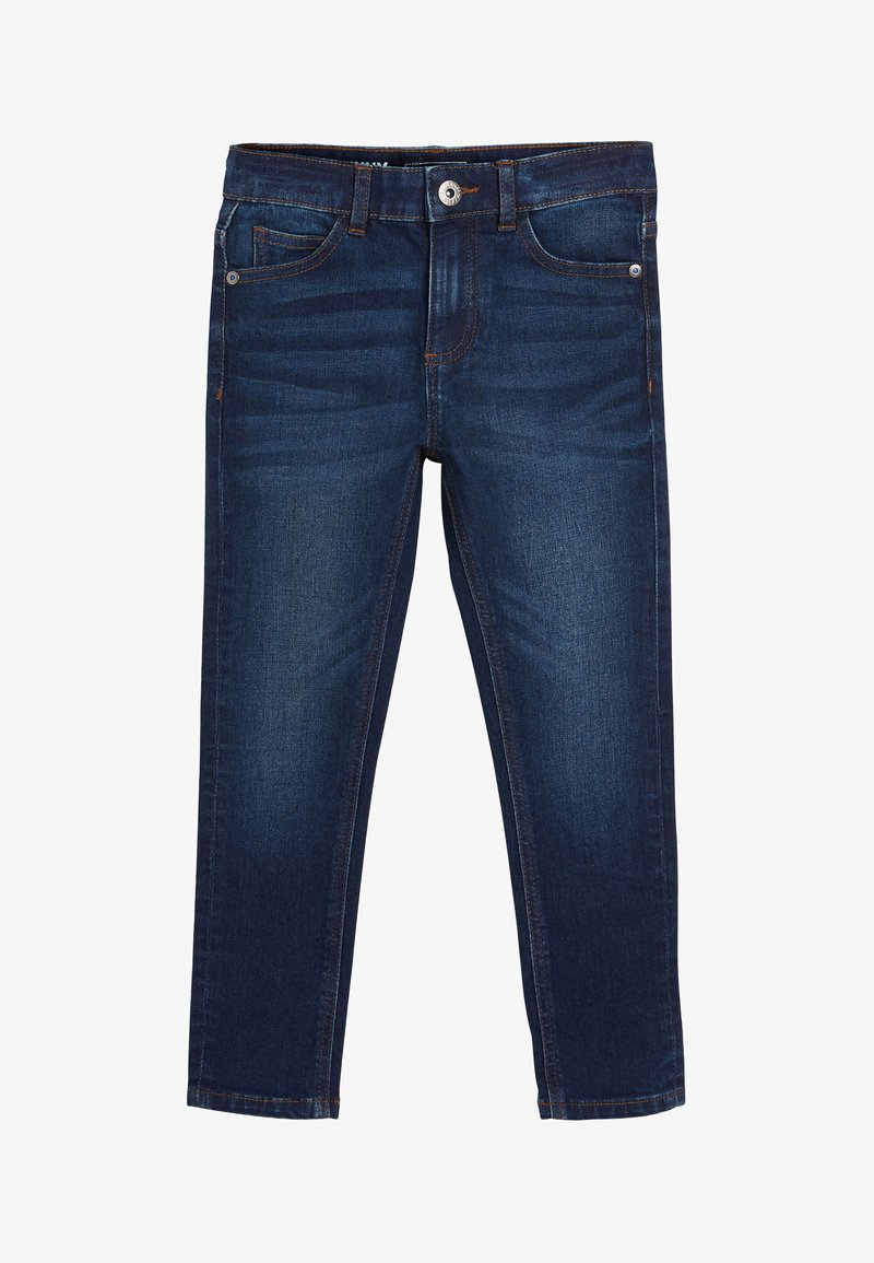 Jeans in denim blu scuro con vestibilità slim, design a cinque tasche e cuciture a contrasto. Presentano una zip davanti e chiusura con bottone in vita.