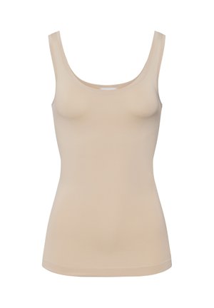 Beige tanktop met een ronde halslijn en brede schouderbanden. Gemaakt van lichtgewicht, gladde stof, heeft het een aansluitend ontwerp en naadloze randen.