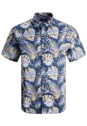 Kortærmet skjorte i marineblåt stof med et tropisk bladmønster i pastelfarver. Har krave og knapper ned langs fronten.