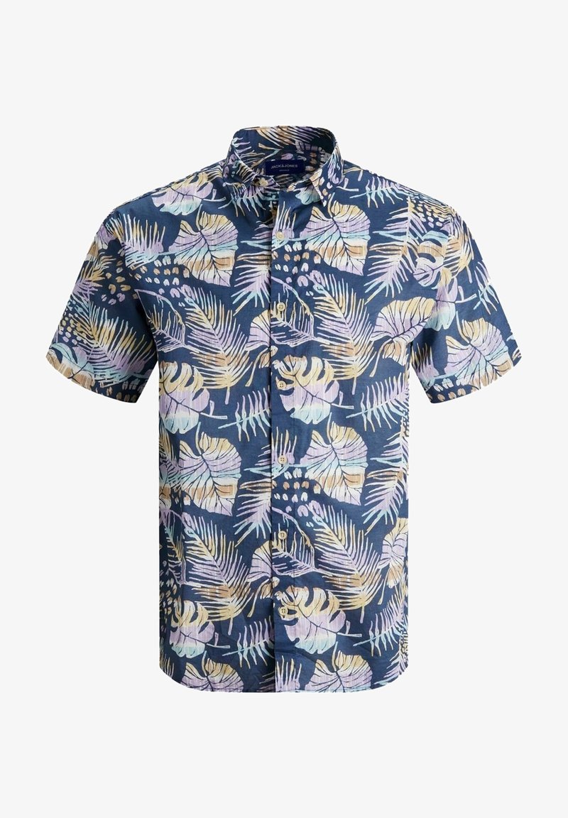Chemise à manches courtes en tissu bleu marine avec un motif de feuilles tropicales dans des couleurs pastel. Elle présente un col et des boutons sur le devant.